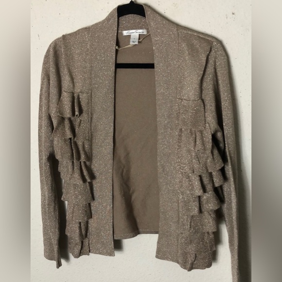 Kenneth Cole Sparkle Gold ruffled Knit cardigan sweater top- Size Small - Picture 1 of 7